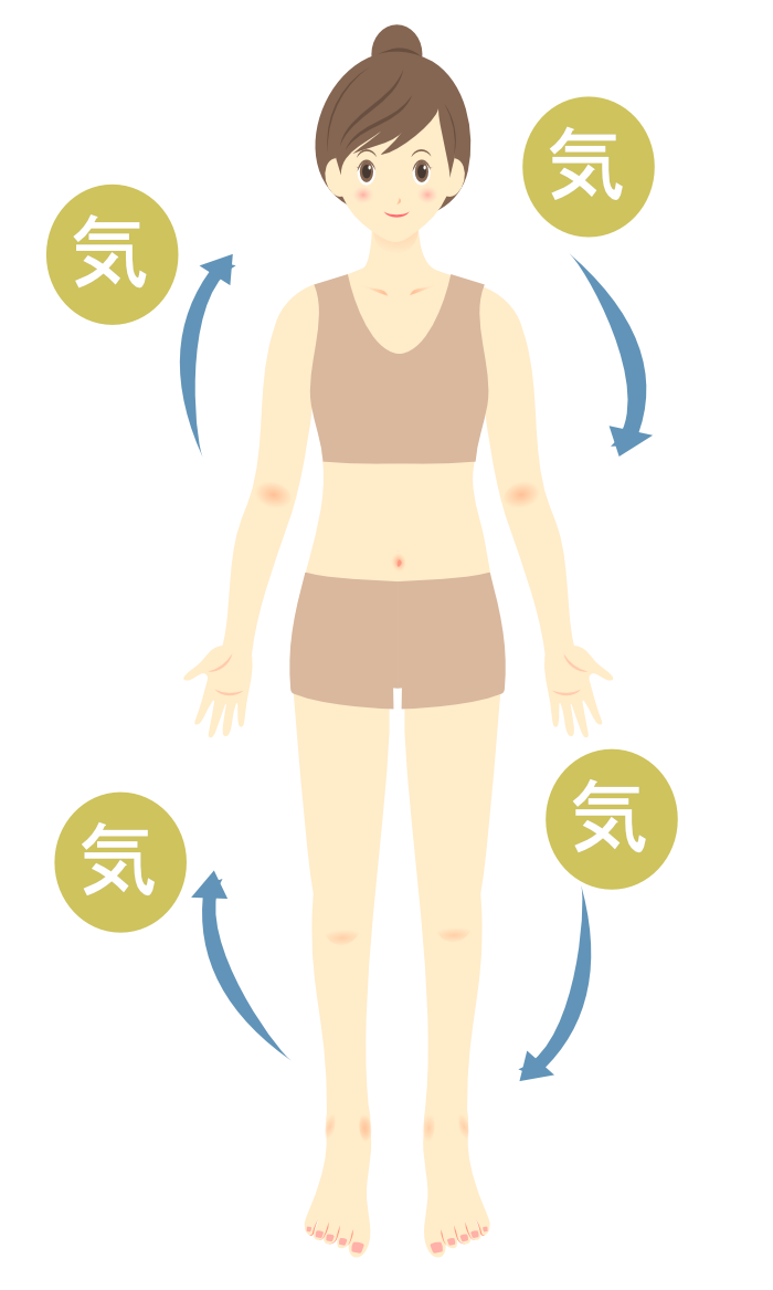 女性のイラストが四方に「気」の文字と矢印で囲まれている全身図